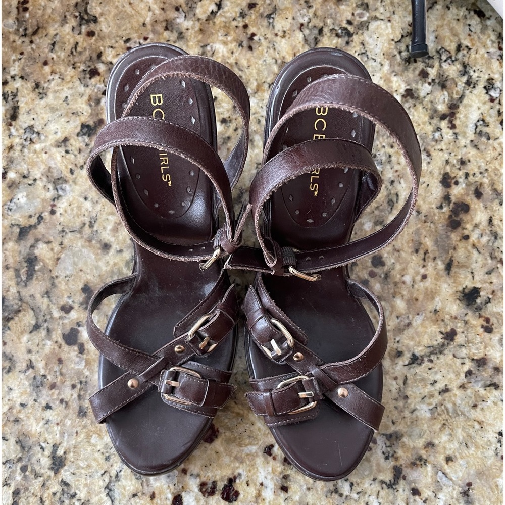 BCBG Brown Leather Ankle Strap WedgeSandals